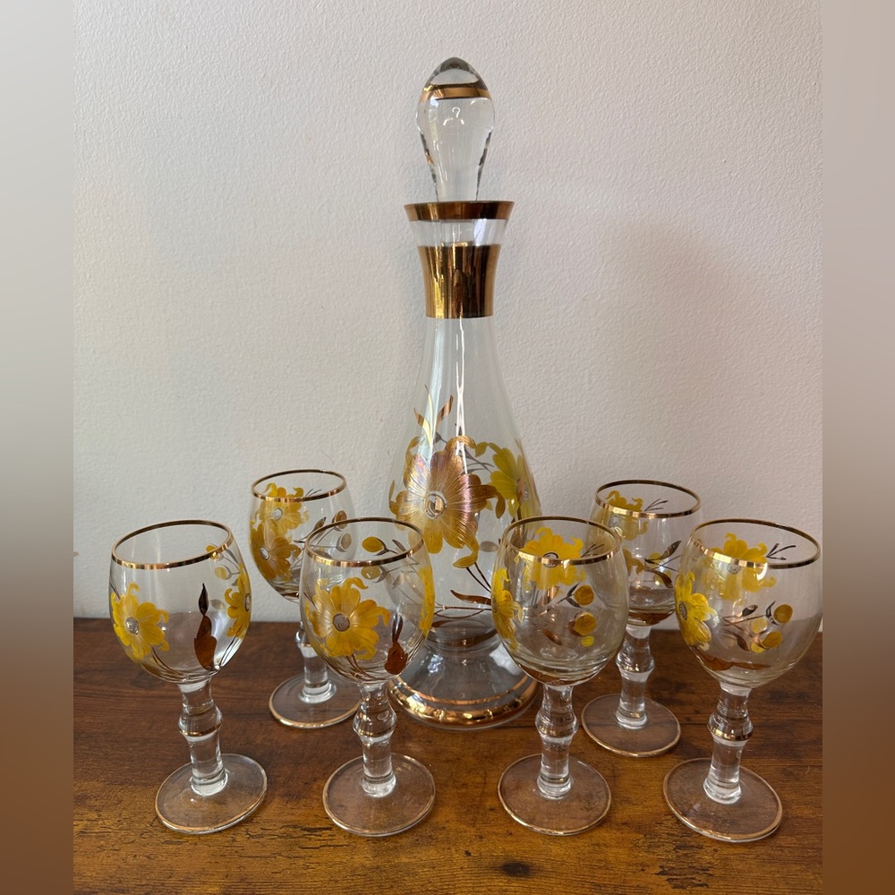 Vtg Mid-Century Romanian Glass Decanter Set - 6 Cordial Glasses - Hand Painted